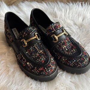 Steve Madden Black Multicolor Tweed Loafers with Gold Accent